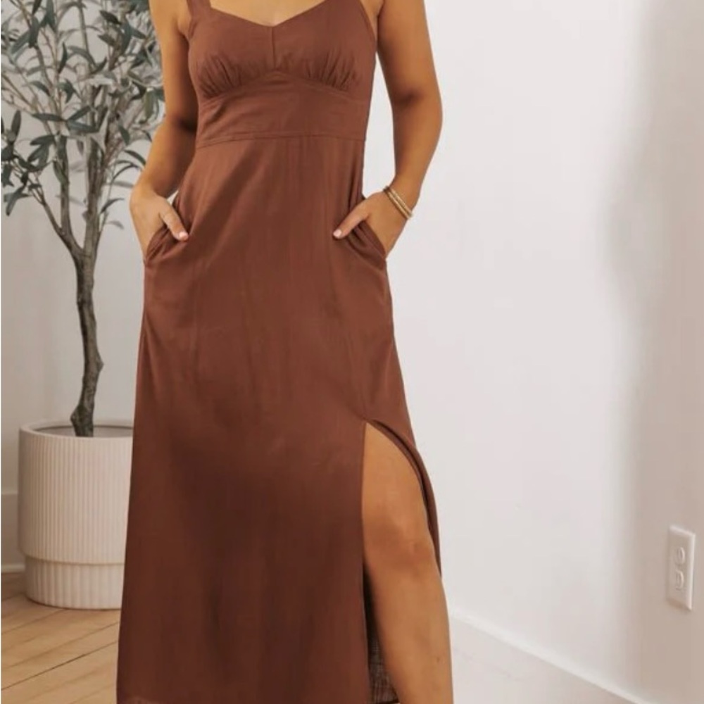Brown Linen V Neck Midi Dress